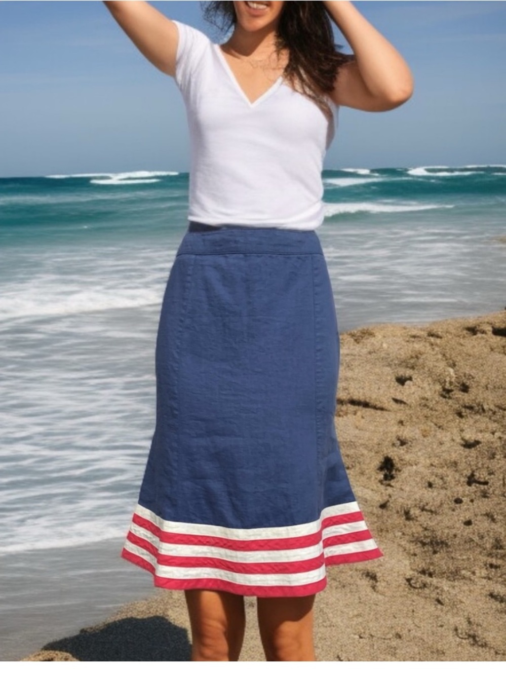 Boden Nautical Inspired A-Line Linen Midi Skirt In Blue / Red / White | Size 12
